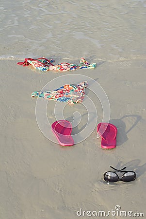 Skinny Dipping Bikini on Beach Stock Photo