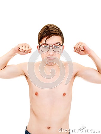 Skinny Man Muscle Flexing Stock Photo