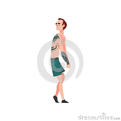 Skinny Man with Tattoo, Tattooed Guy with Bare Chest Vector Illustration Vector Illustration