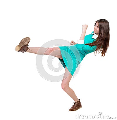 Skinny woman funny fights waving his arms and legs. Stock Photo