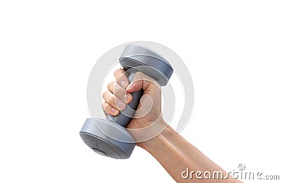 Skinny young man holding a plastic dumbbell Stock Photo