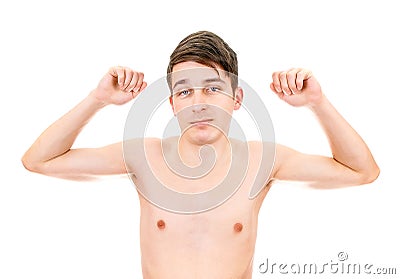 Skinny Young Man Muscle Flexing Stock Photo