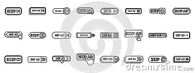 Skip ad icons set. Set of skip ad button icons showing user is skipping ads Vector Illustration