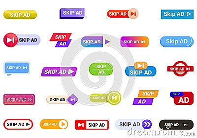 Skip ad icons set cartoon vector. Apply cursor continue Vector Illustration