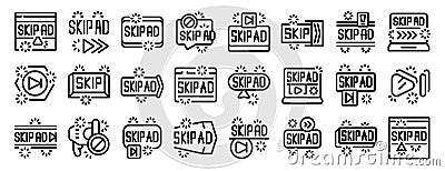 Skip ad icons set. Set of icons showing different ways someone can skip an online advertisement Vector Illustration