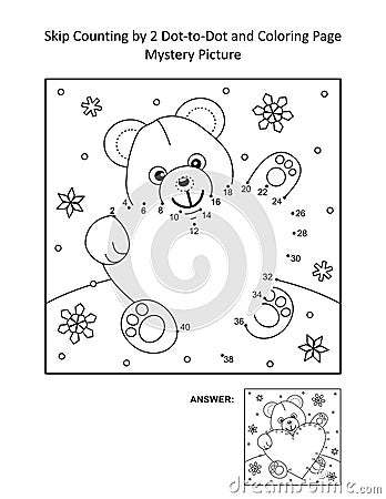 Skip counting by 2 dot-to-dot and coloring page - teddy bear and big heart. Answer included. Vector Illustration