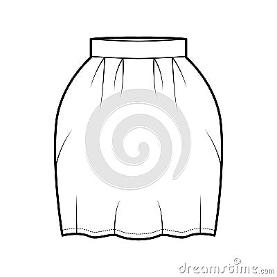 Skirt bell technical fashion illustration with pegged above-the-knee silhouette, pencil fullness, thick waistband. Flat Vector Illustration