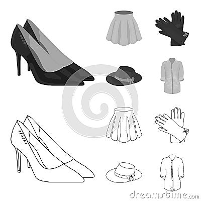 Skirt with folds, leather gloves, women hat with a bow, shirt on the fastener. Women clothing set collection icons in Vector Illustration