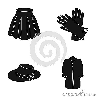 Skirt with folds, leather gloves, women`s hat with a bow, shirt on the fastener. Women`s clothing set collection icons Vector Illustration