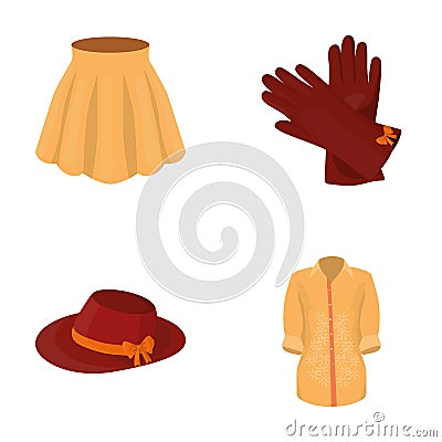 Skirt with folds, leather gloves, women`s hat with a bow, shirt on the fastener. Women`s clothing set collection icons Vector Illustration