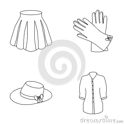 Skirt with folds, leather gloves, women`s hat with a bow, shirt on the fastener. Women`s clothing set collection icons Vector Illustration