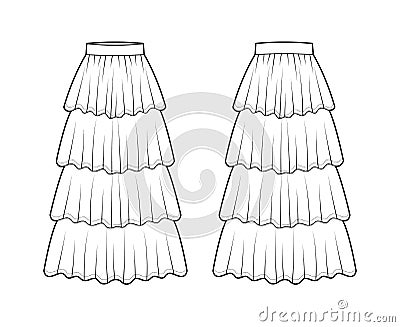 Skirt 4 layered flounce maxi technical fashion illustration with floor ankle lengths silhouette, circular fullness. Flat Cartoon Illustration