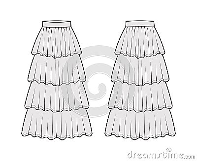 Skirt 4 layered flounce maxi technical fashion illustration with floor ankle lengths silhouette, circular fullness. Flat Cartoon Illustration