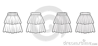 Skirt 2 layered flounce technical fashion illustration with knee length silhouette, circular fullness. Flat bottom Cartoon Illustration