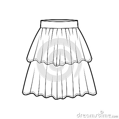 Skirt layered flounce technical fashion illustration with knee length silhouette, circular fullness. Flat bottom Cartoon Illustration