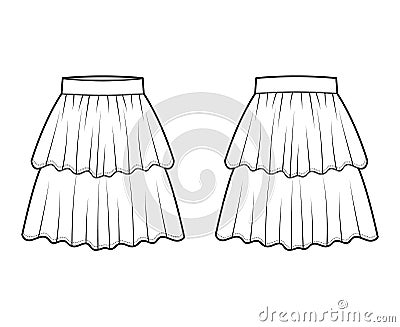 Skirt layered flounce technical fashion illustration with knee length silhouette, circular fullness. Flat bottom Cartoon Illustration