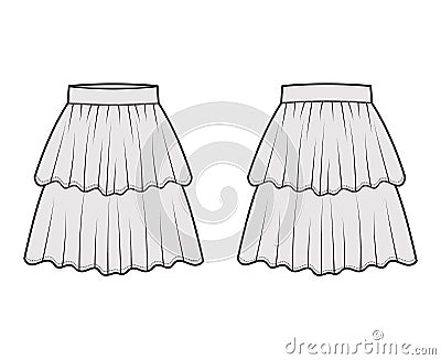 Skirt layered flounce technical fashion illustration with knee length silhouette, circular fullness. Flat bottom Cartoon Illustration