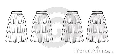 Skirt layered ruffle tiared flounce technical fashion illustration with below-the-knee lengths, circle silhouette. Flat Vector Illustration