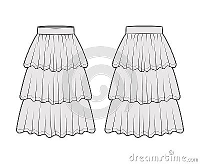 Skirt layered ruffle tiared flounce technical fashion illustration with below-the-knee lengths, circle silhouette. Flat Vector Illustration