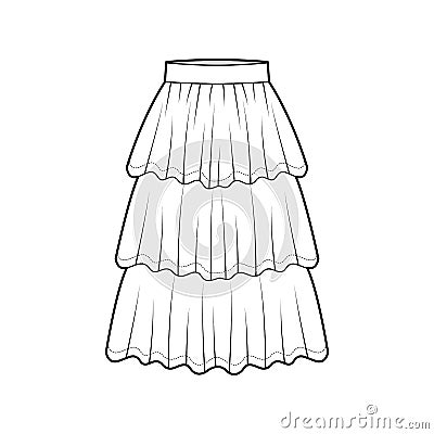 Skirt layered ruffle tiared flounce technical fashion illustration with below-the-knee lengths, circle silhouette. Flat Cartoon Illustration