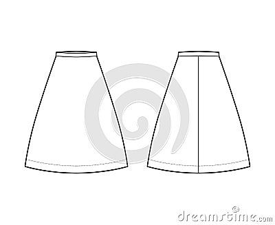 Skirt A-line fullness technical fashion illustration with knee lengths, straight, thin waistband . Flat apparel bottom Vector Illustration