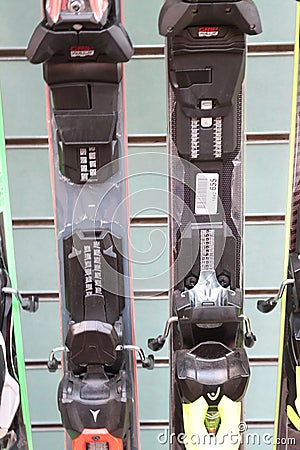 skis with bindings on display sports shop- Editorial Stock Photo