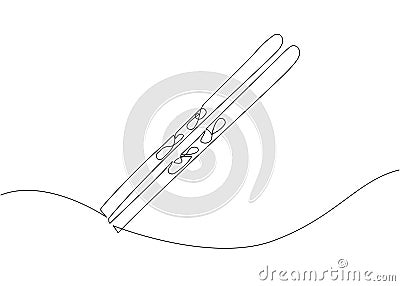 Skis one line art. Continuous line drawing of sport, winter, , player, sports, activity, skiing, ski, mountains, hill Vector Illustration