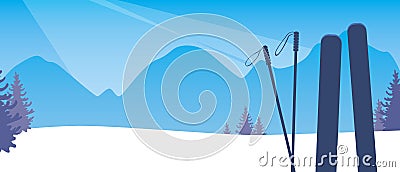 Skis, poles on ski resort, template with place for text, flat vector stock illustration as banner Vector Illustration