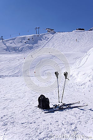 Skis, ski poles, backpack and ski lifts in Solden, Austria Stock Photo