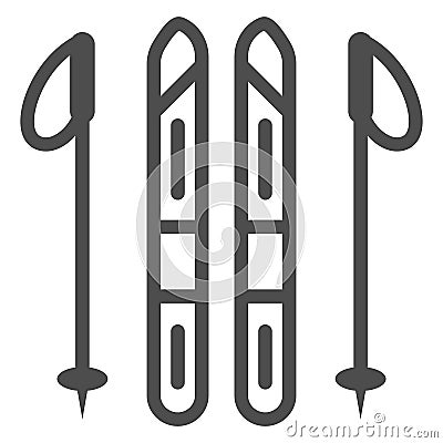 Skis and ski poles line icon, World snow day concept, Ski and sticks sign on white background, Ski equipment icon in Vector Illustration