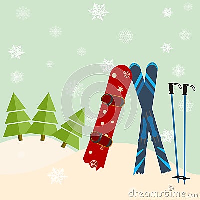 skis and snowboard stick out of snow before a spruce - invitation to the ski resort concept. Vector illustration Cartoon Illustration
