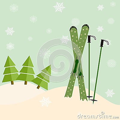 Skis stick out of snow before a spruce. invitation to the ski re Vector Illustration