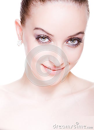 Skittish young woman with professional make-up Stock Photo