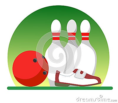 Skittles, ball and bowling shoes. Flat style illustration Vector Illustration