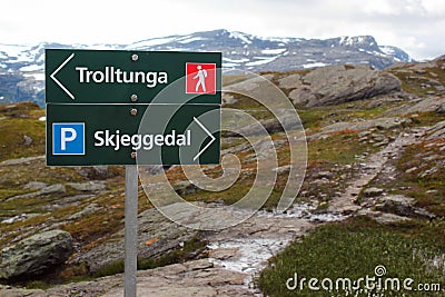 Signpost showing direction to Trolltunga, Norway Editorial Stock Photo