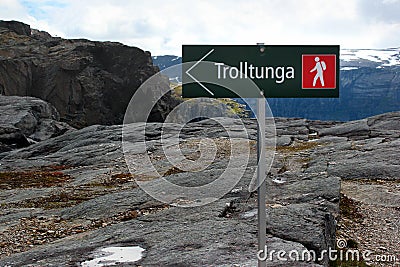Signpost showing direction to Trolltunga, Norway Editorial Stock Photo