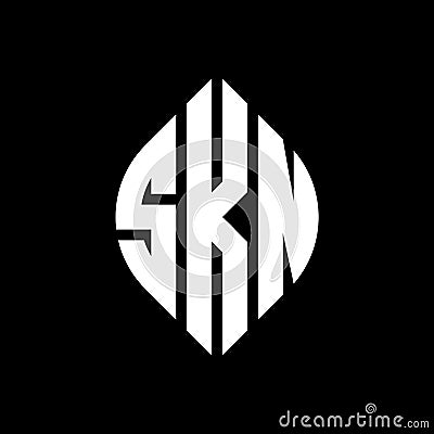 SKN circle letter logo design with circle and ellipse shape. SKN ellipse letters with typographic style. The three initials form a Vector Illustration
