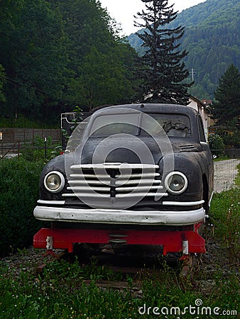 Skoda Vos armored car modified as a draisine, displayed in Sinaia railway station, Romania Editorial Stock Photo