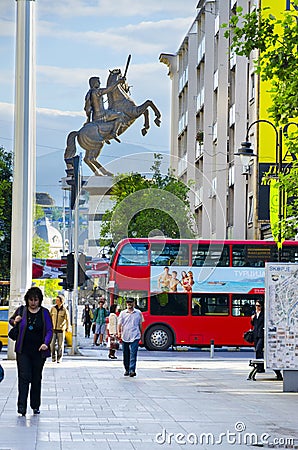 SKOPJE downtown with view of active people and monument of Alexander the great Editorial Stock Photo