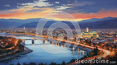 Skopje Melodies: A Vivid Impressionistic Canvas of Macedonia's Capital Stock Photo