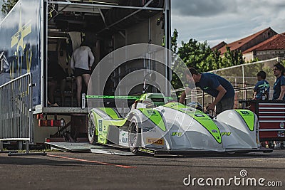 Skradin Croatia June 2020 Formula race car being lifted into a specialized truck for transportation from events Editorial Stock Photo