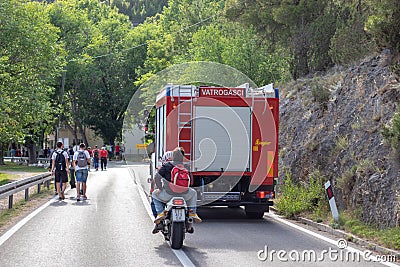 Skradin Croatia, June 2020 Rear view of a big rear Croatian fire truck, returning from a racing eventyellow, medieval, banner, Editorial Stock Photo