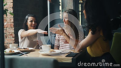 Skratta flickavänner som tillsammans sätter händer i kafét som tycker om kamratskap lager videofilmer Skratta flickavänner som tillsammans sätter händer i kafét som tycker om kamratskap lager videofilmer