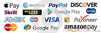 Skrill, Payoneer, PayPal, Mastercard, Visa, Amazon, Discover, Cirrus, Interac - popular payment systems. Online shopping logos. Vector Illustration