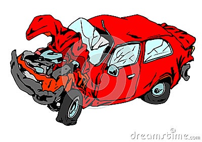 Crashed red car wreck disaster Cartoon Illustration