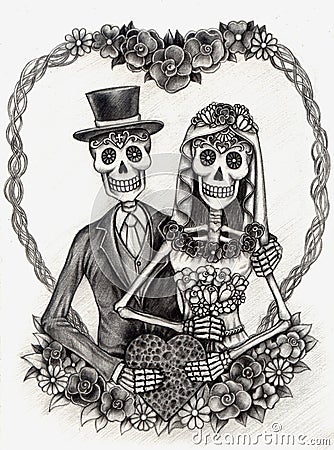 Skull art wedding day of the dead .Hand drawing on paper. Vector Illustration