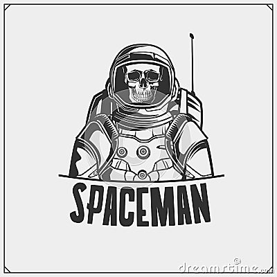 Skull astronaut in a space suit. Space emblem. Vector Illustration