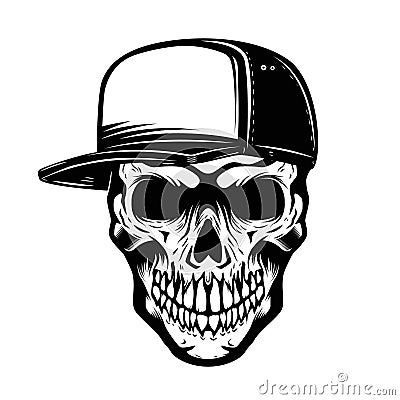 Skull in baseball hat isolated on white background. Design element for logo, label, emblem, sign. Vector Illustration