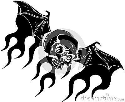 black silhouette of skull with bat wing on flames Vector Illustration