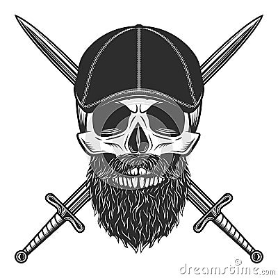 Skull with beard and mustache in gangster gatsby tweed hat flat cap with knight sword vintage vector illustration Vector Illustration